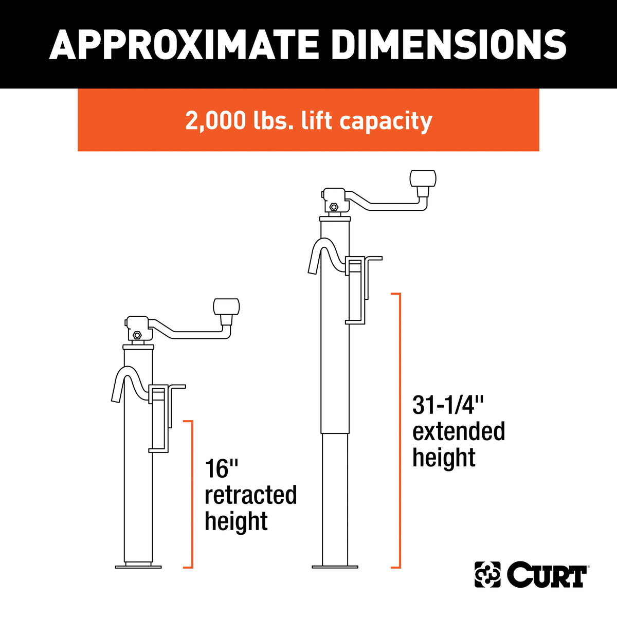 CURT 28304 Weld-On Bracket-Style Swivel Trailer Jack, 3,000 lbs. Support Capacity, 15-1/4 Inches Vertical Travel