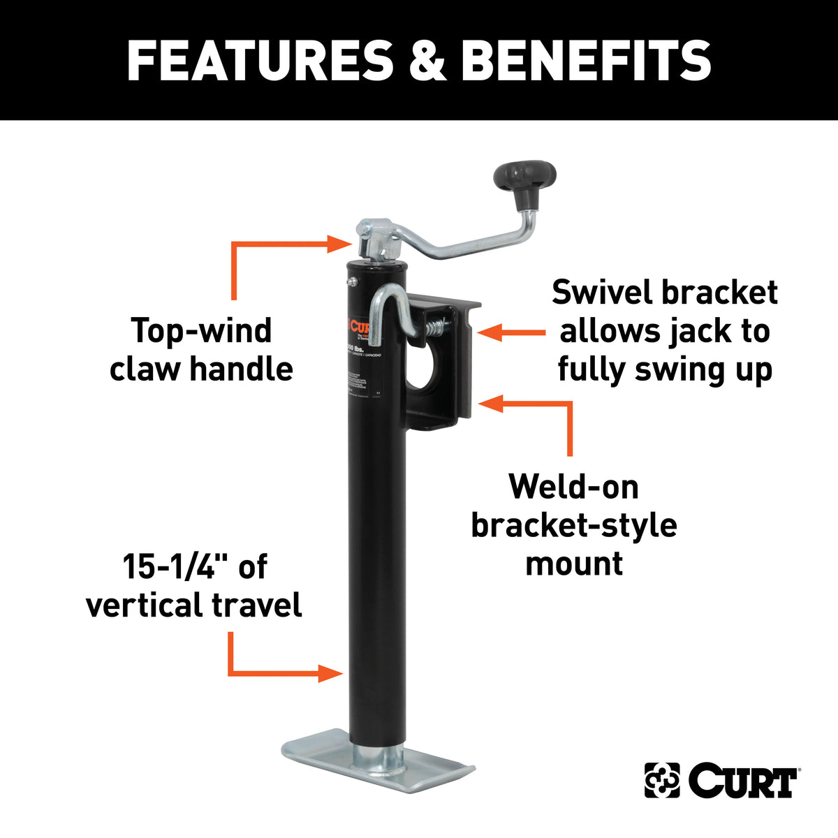 CURT 28304 Weld-On Bracket-Style Swivel Trailer Jack, 3,000 lbs. Support Capacity, 15-1/4 Inches Vertical Travel