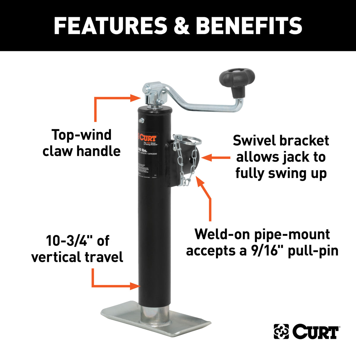 CURT 28320 Weld-On Pipe-Mount Swivel Trailer Jack, 3,000 lbs. Support Capacity, 10-3/4 Inches Vertical Travel