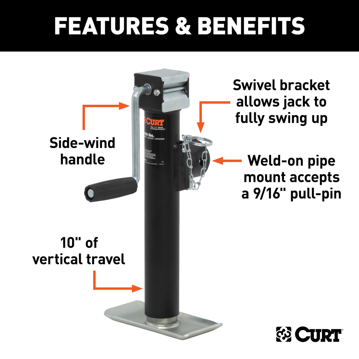 CURT 28321 Weld-On Pipe-Mount Swivel Trailer Jack, 3,000 lbs. Support Capacity, 10 Inches Vertical Travel