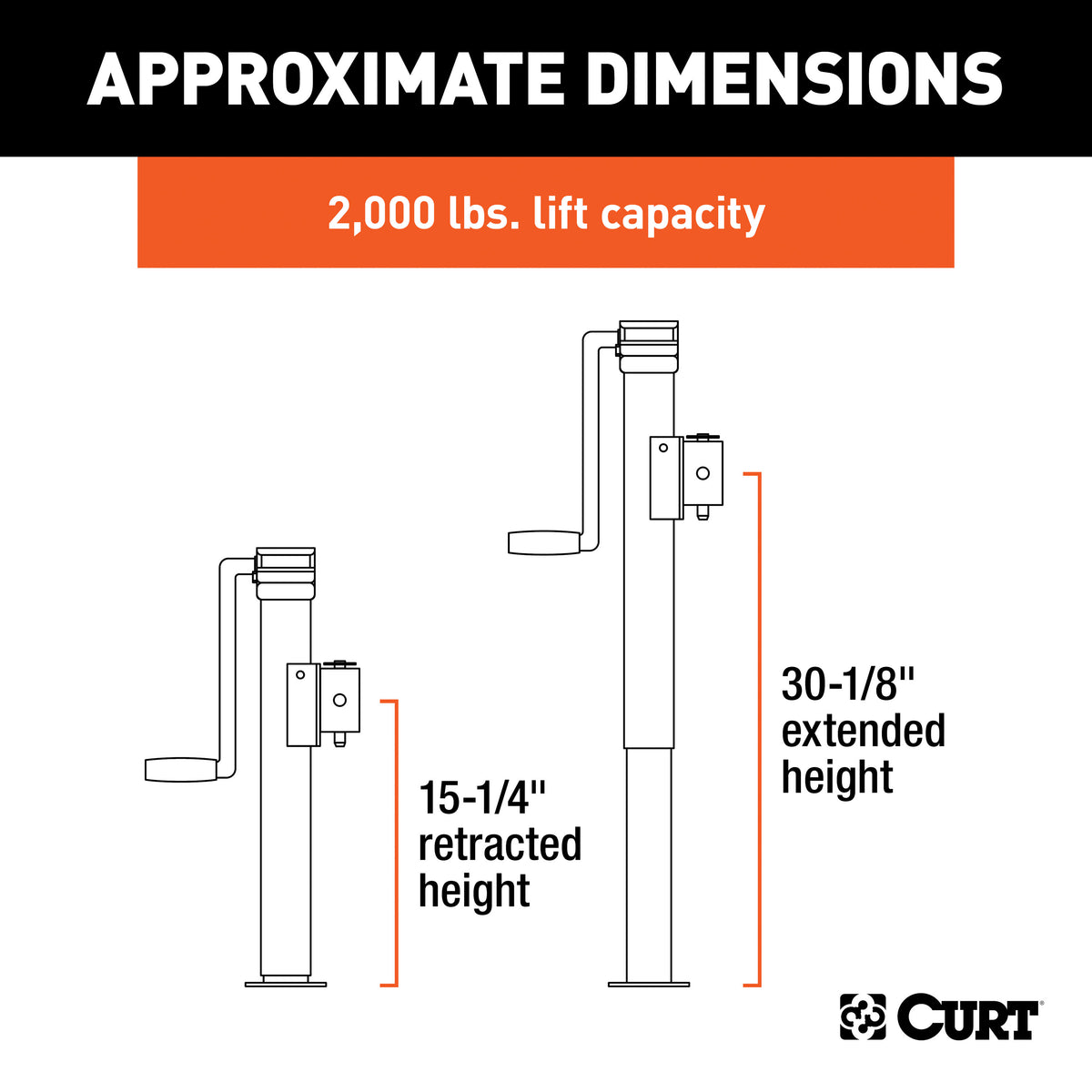 CURT 28324 Weld-On Pipe-Mount Swivel Trailer Jack, 3,000 lbs. Support Capacity, 15 Inches Vertical Travel