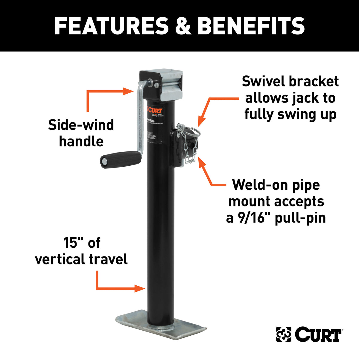 CURT 28324 Weld-On Pipe-Mount Swivel Trailer Jack, 3,000 lbs. Support Capacity, 15 Inches Vertical Travel