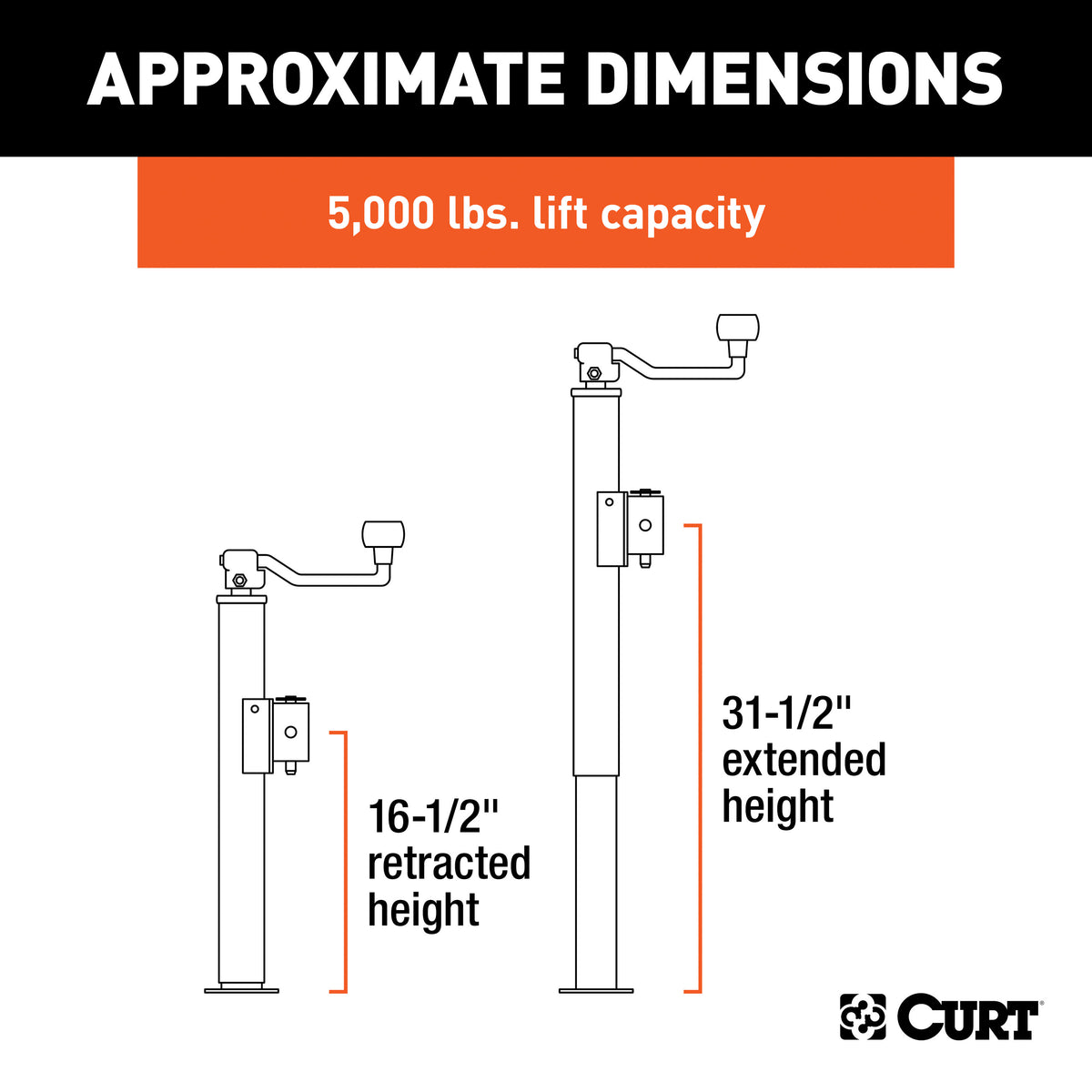 CURT 28356 Weld-On Pipe-Mount Swivel Trailer Jack, 5,000 lbs. Support Capacity, 15 Inches Vertical Travel