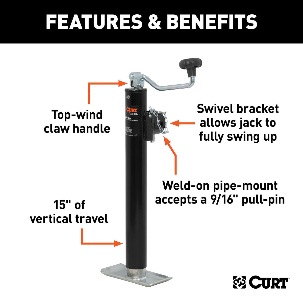 CURT 28356 Weld-On Pipe-Mount Swivel Trailer Jack, 5,000 lbs. Support Capacity, 15 Inches Vertical Travel