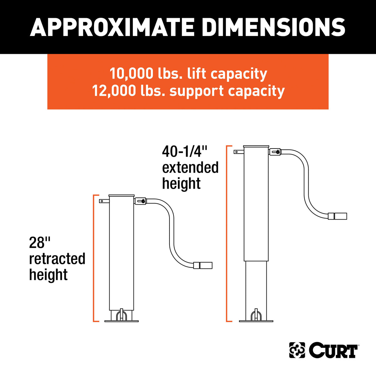 CURT 28512 Direct Weld On Heavy-Duty Trailer Jack, 12,000 lbs. 12-3/8 Inches Vertical Travel