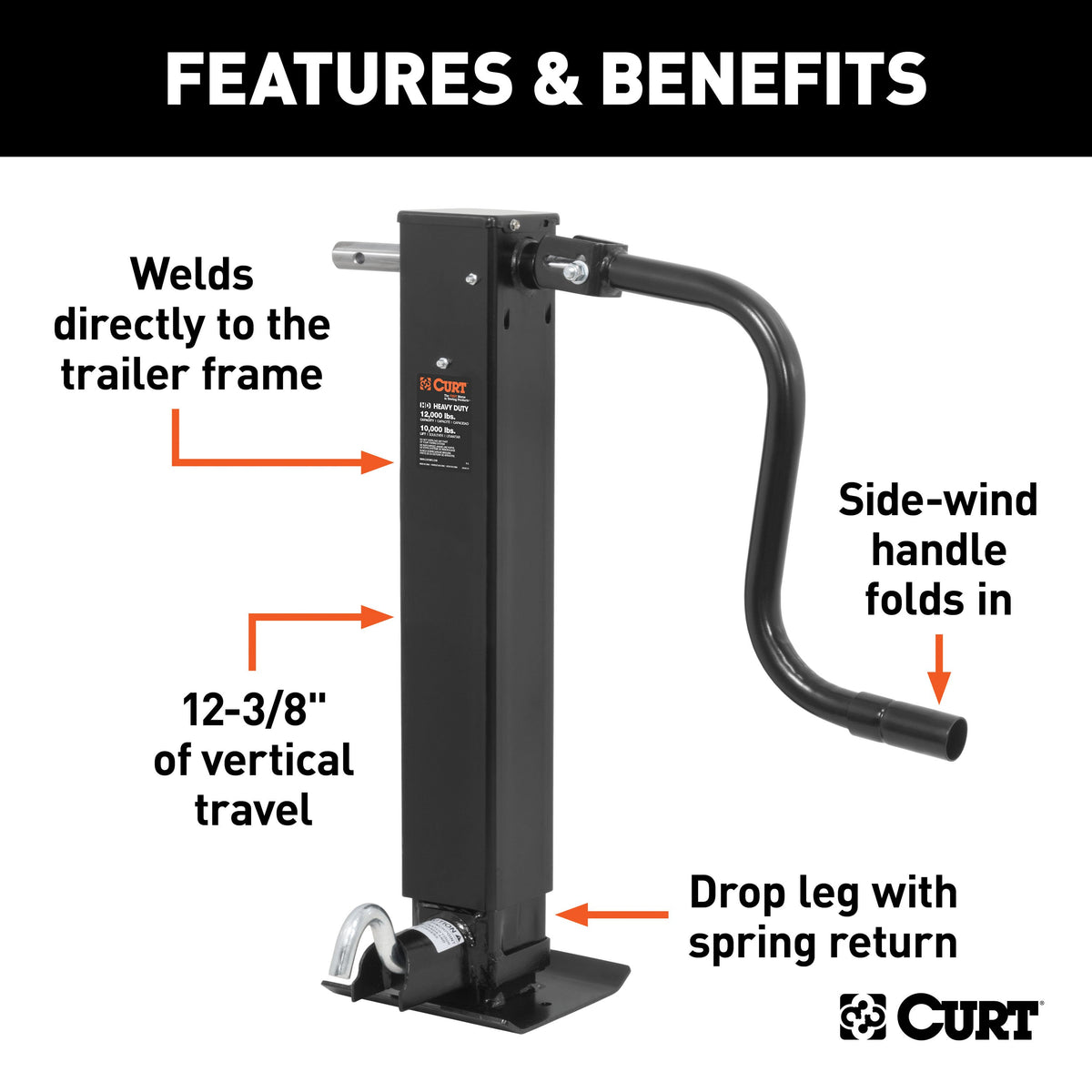 CURT 28512 Direct Weld On Heavy-Duty Trailer Jack, 12,000 lbs. 12-3/8 Inches Vertical Travel