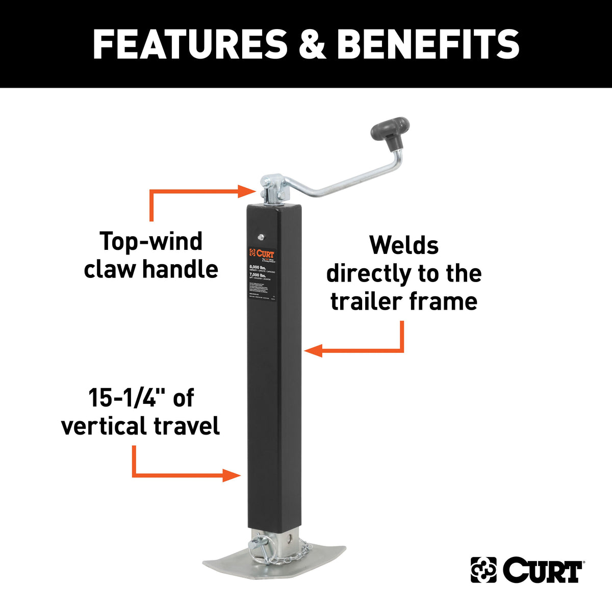 CURT 28570 Direct Weld On Heavy-Duty Trailer Jack, 8,000 lbs. Support Capacity, 15-1/4 Inches Vertical Travel