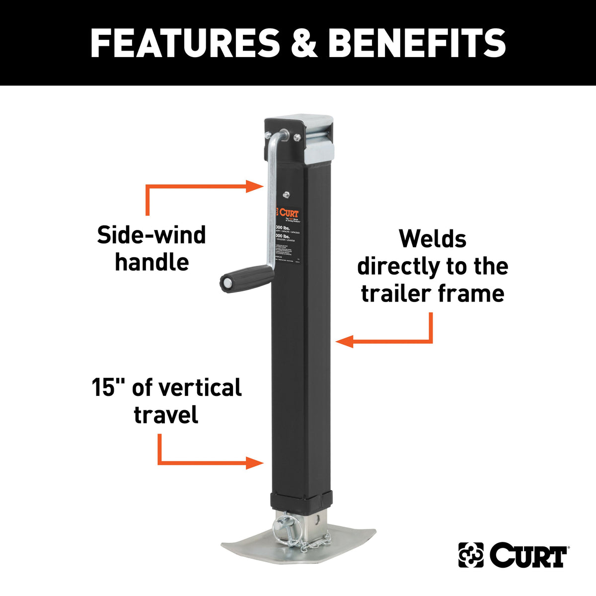 CURT 28575 Direct Weld On Heavy-Duty Trailer Jack, 8,000 lbs. Support Capacity, 15 Inches Vertical Travel