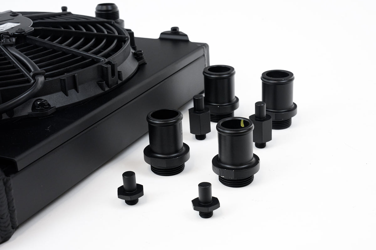 CSF Universal Half Radiator w/-16AN & Slip-On Fittings/12in SPAL Fan & Shroud - Black Finish - 2858XB