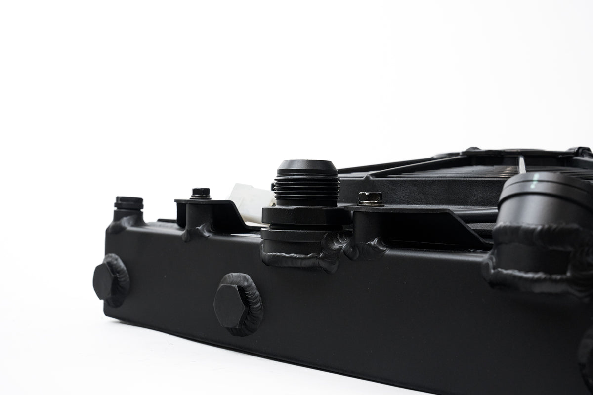 CSF Universal Half Radiator w/-16AN & Slip-On Fittings/12in SPAL Fan & Shroud - Black Finish - 2858XB