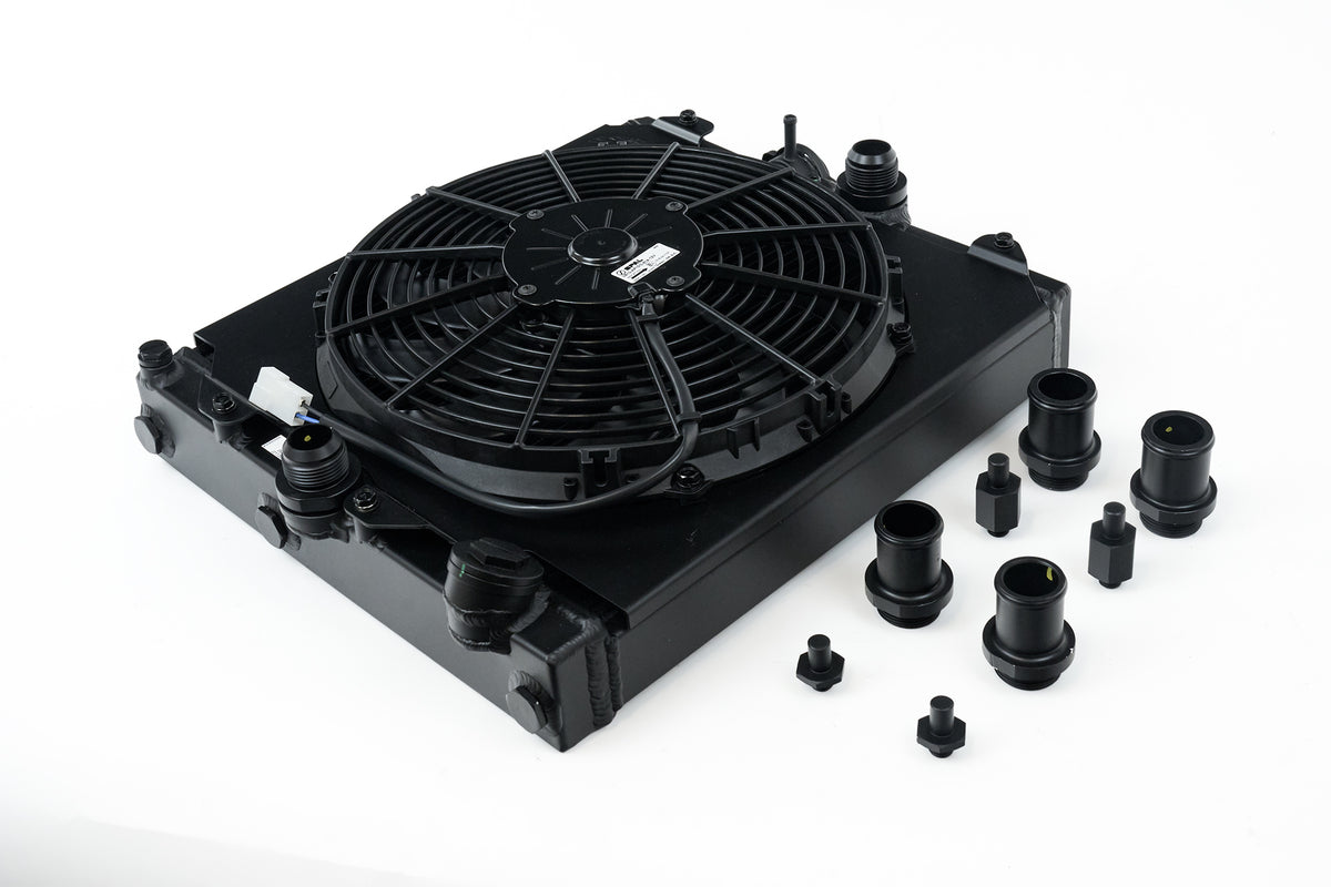 CSF Universal Half Radiator w/-16AN & Slip-On Fittings/12in SPAL Fan & Shroud - Black Finish - 2858XB
