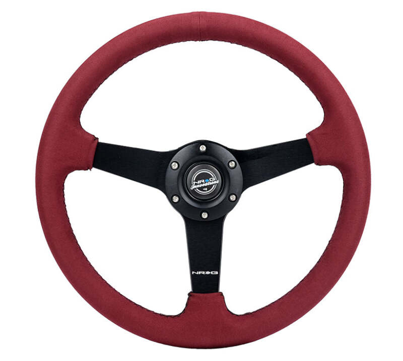 NRG Sport Wheel (350mm) 3 Solid Spokes - 1.5in Deep - Burgundy - Micro Suede - Black Stitching - RST-037MB-BUA - front view