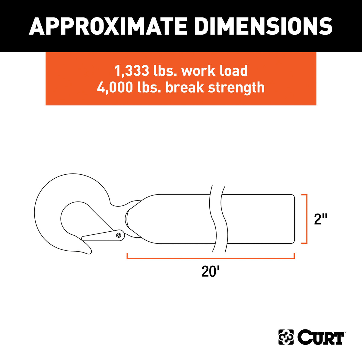 CURT 29007 2-Inch x 20-Foot Nylon Winch Strap with Hook, 4,000 lbs
