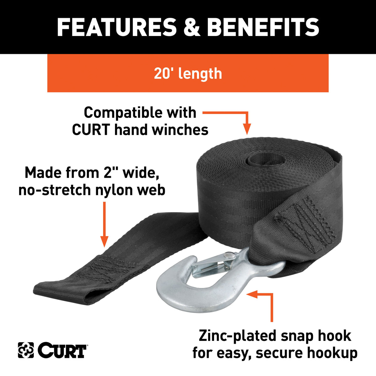 CURT 29007 2-Inch x 20-Foot Nylon Winch Strap with Hook, 4,000 lbs