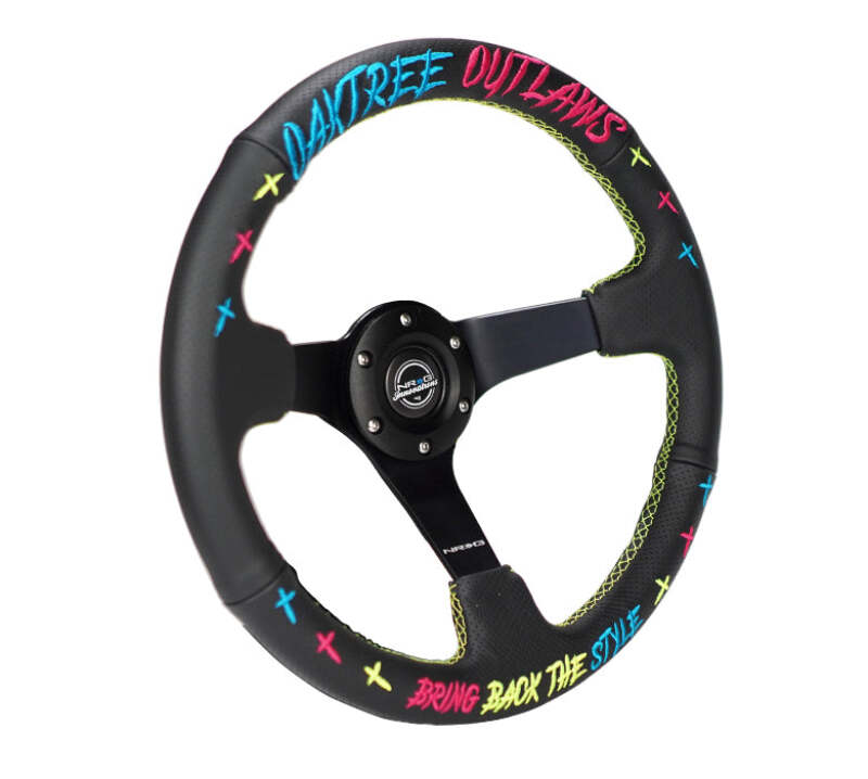 NRG Reinforced Steering Wheel - Oak Tree Outlaws 3in Deep/5mm Blk Spoke 350mm Wheel - Blk Perf Lthr - RST-036MB-OTOL-TRI - close-up view 2