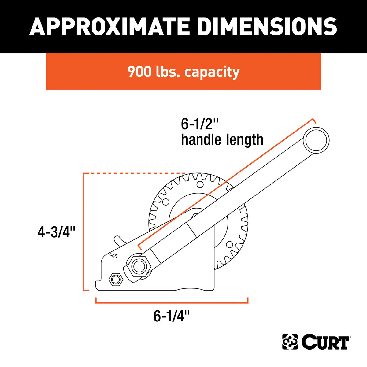 CURT 29423 Manual Hand Crank Boat Trailer Winch, 900 lbs Capacity, 6-1/2-Inch Handle, 3.25:1 Gear Ratio
