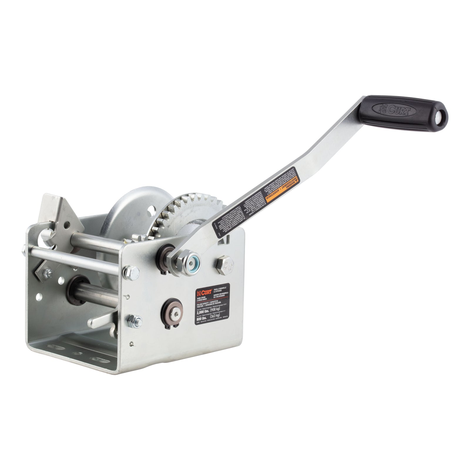 CURT 29520 Hand-Crank 2-Speed Winch, 2,000 lbs, 4.1:1 High, 10.25:1 Low Gear Ratio, 10.6" Handle