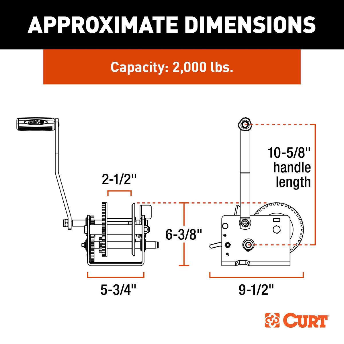 CURT 29520 Hand-Crank 2-Speed Winch, 2,000 lbs, 4.1:1 High, 10.25:1 Low Gear Ratio, 10.6" Handle