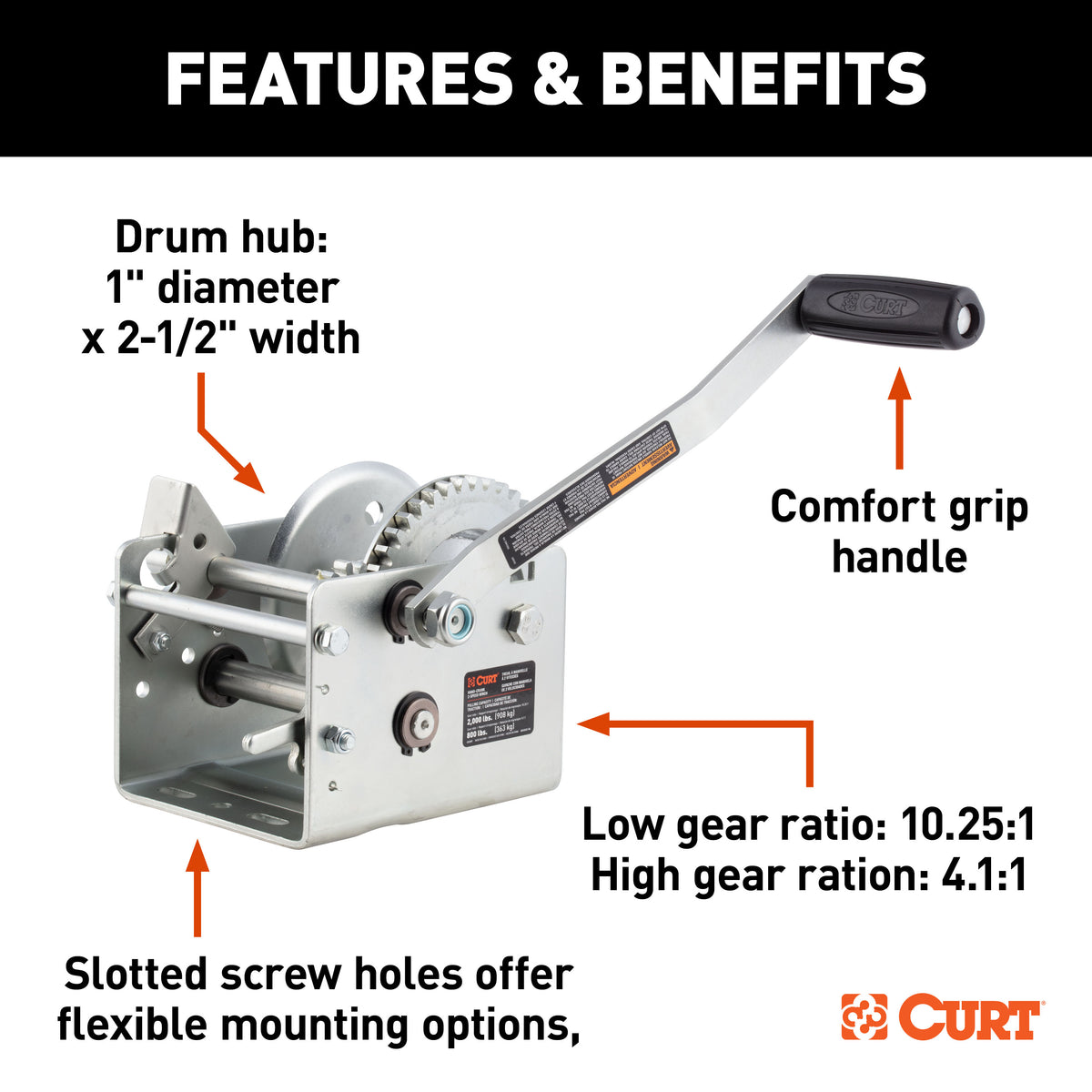 CURT 29520 Hand-Crank 2-Speed Winch, 2,000 lbs, 4.1:1 High, 10.25:1 Low Gear Ratio, 10.6" Handle