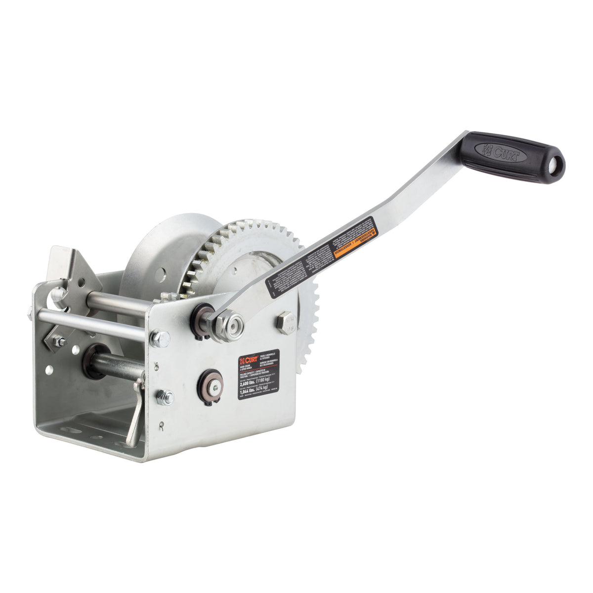 CURT 29526 Hand-Crank 2-Speed Winch, 2,600 lbs, 5.1:1 High, 12.7:1 Low Gear Ratio, 10.6" Handle