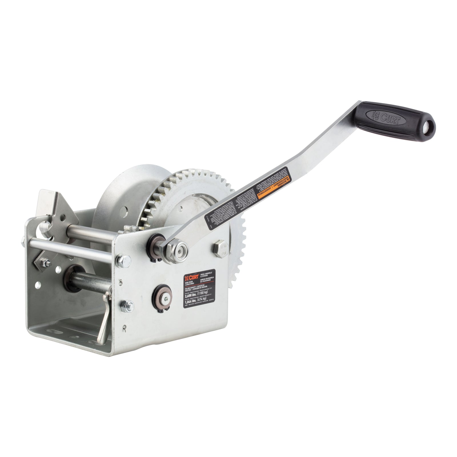 CURT 29526 Hand-Crank 2-Speed Winch, 2,600 lbs, 5.1:1 High, 12.7:1 Low Gear Ratio, 10.6" Handle