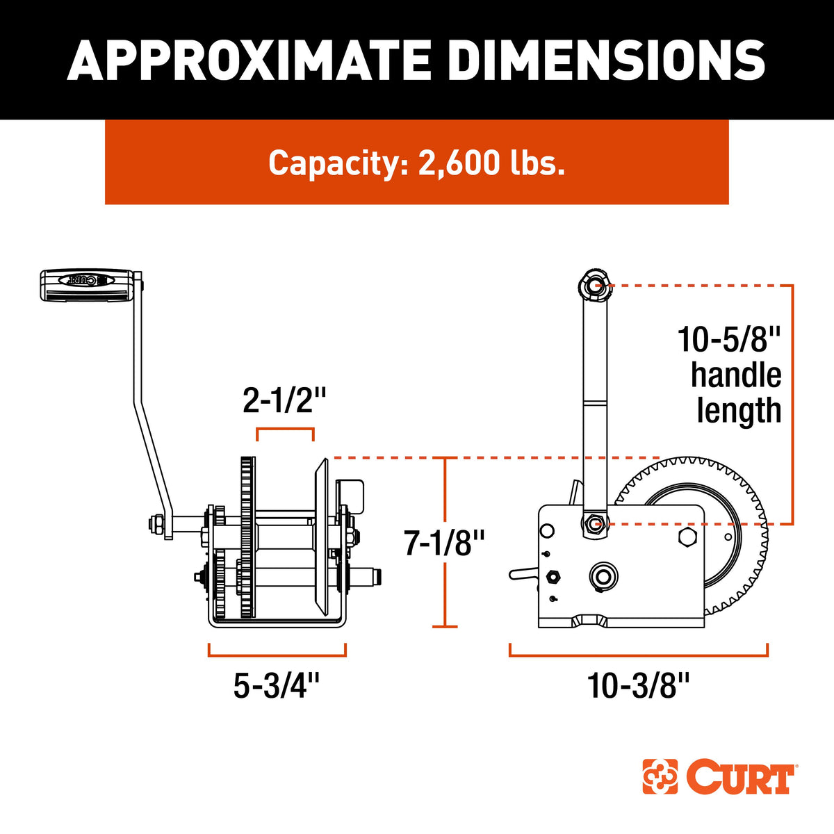 CURT 29526 Hand-Crank 2-Speed Winch, 2,600 lbs, 5.1:1 High, 12.7:1 Low Gear Ratio, 10.6" Handle