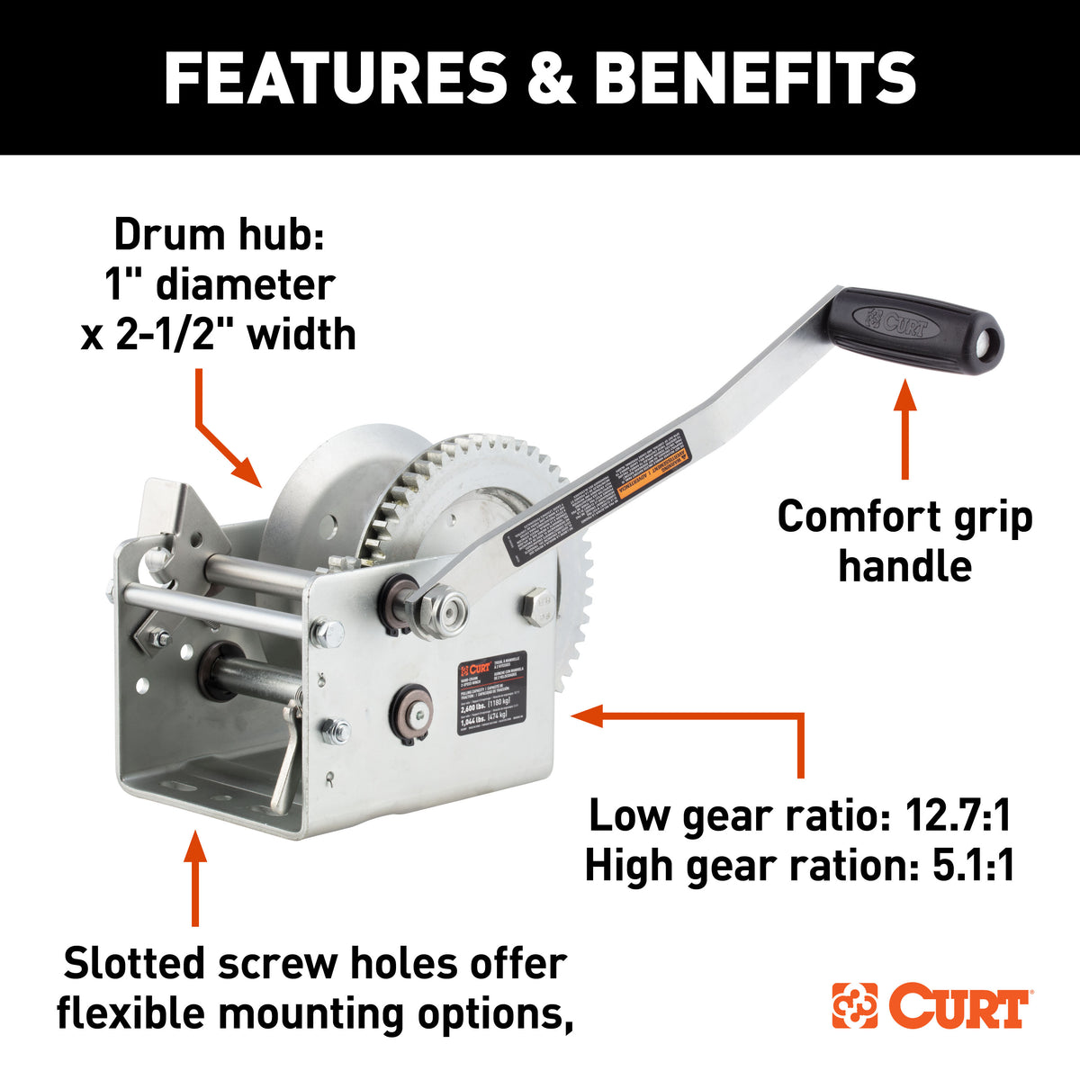 CURT 29526 Hand-Crank 2-Speed Winch, 2,600 lbs, 5.1:1 High, 12.7:1 Low Gear Ratio, 10.6" Handle