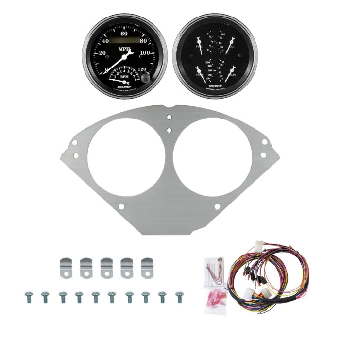 AutoMeter Old Tyme Black 55-56 Chevy Car Direct-Fit Billet Panel/Gauge Kit - 3-3/8in. (x2) - 2953-07