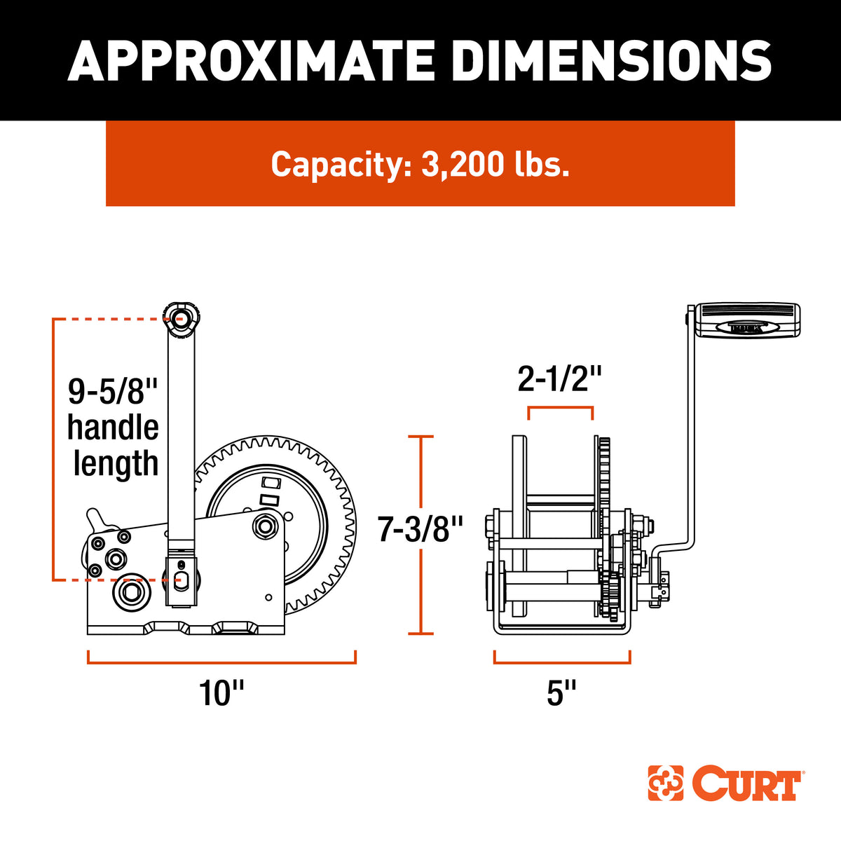 CURT 29532 Hand-Crank 2-Speed Winch, 3,200 lbs, 5.4:1 High, 17.5:1 Low Gear Ratio, 9.6" Handle