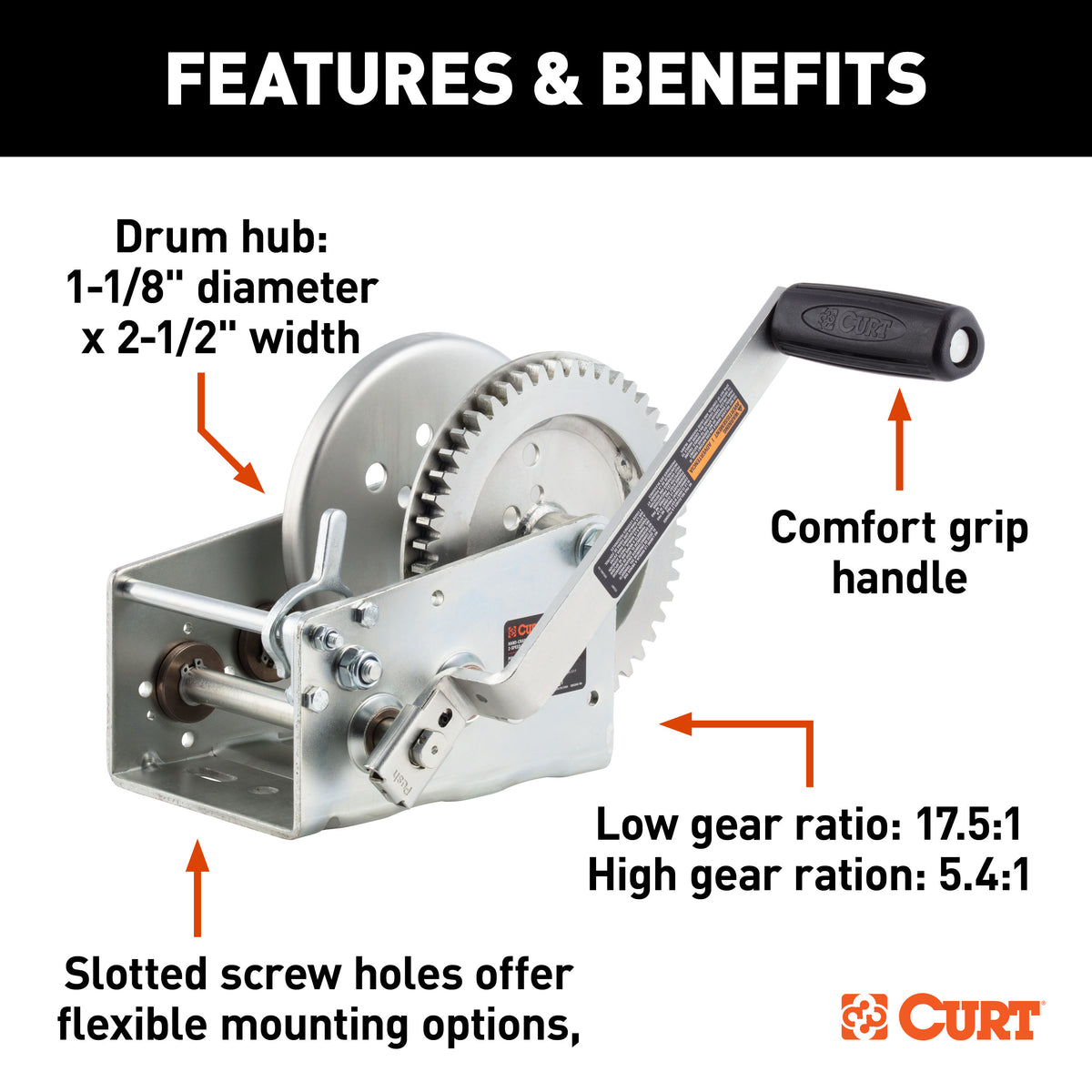 CURT 29532 Hand-Crank 2-Speed Winch, 3,200 lbs, 5.4:1 High, 17.5:1 Low Gear Ratio, 9.6" Handle