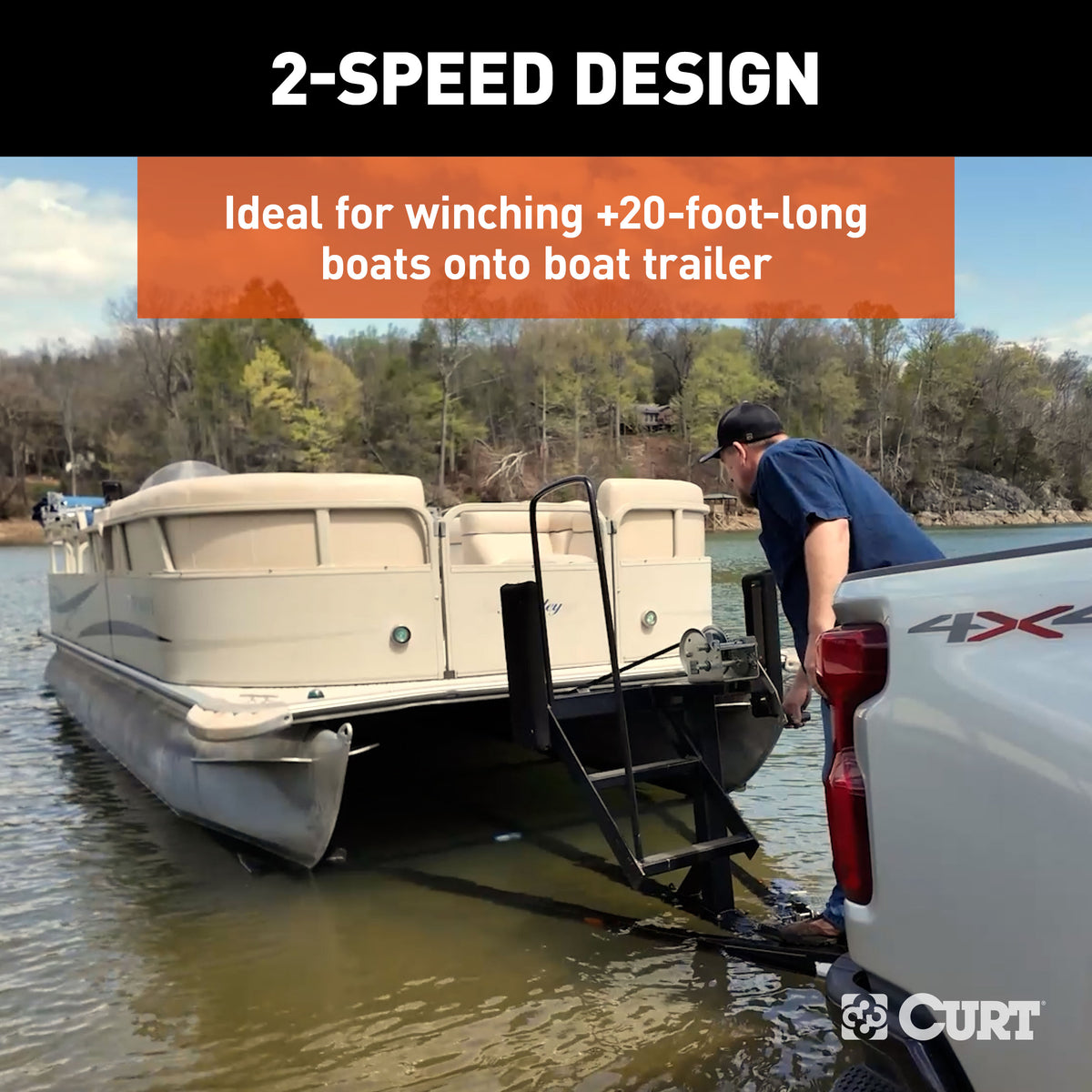 CURT 29532 Hand-Crank 2-Speed Winch, 3,200 lbs, 5.4:1 High, 17.5:1 Low Gear Ratio, 9.6" Handle