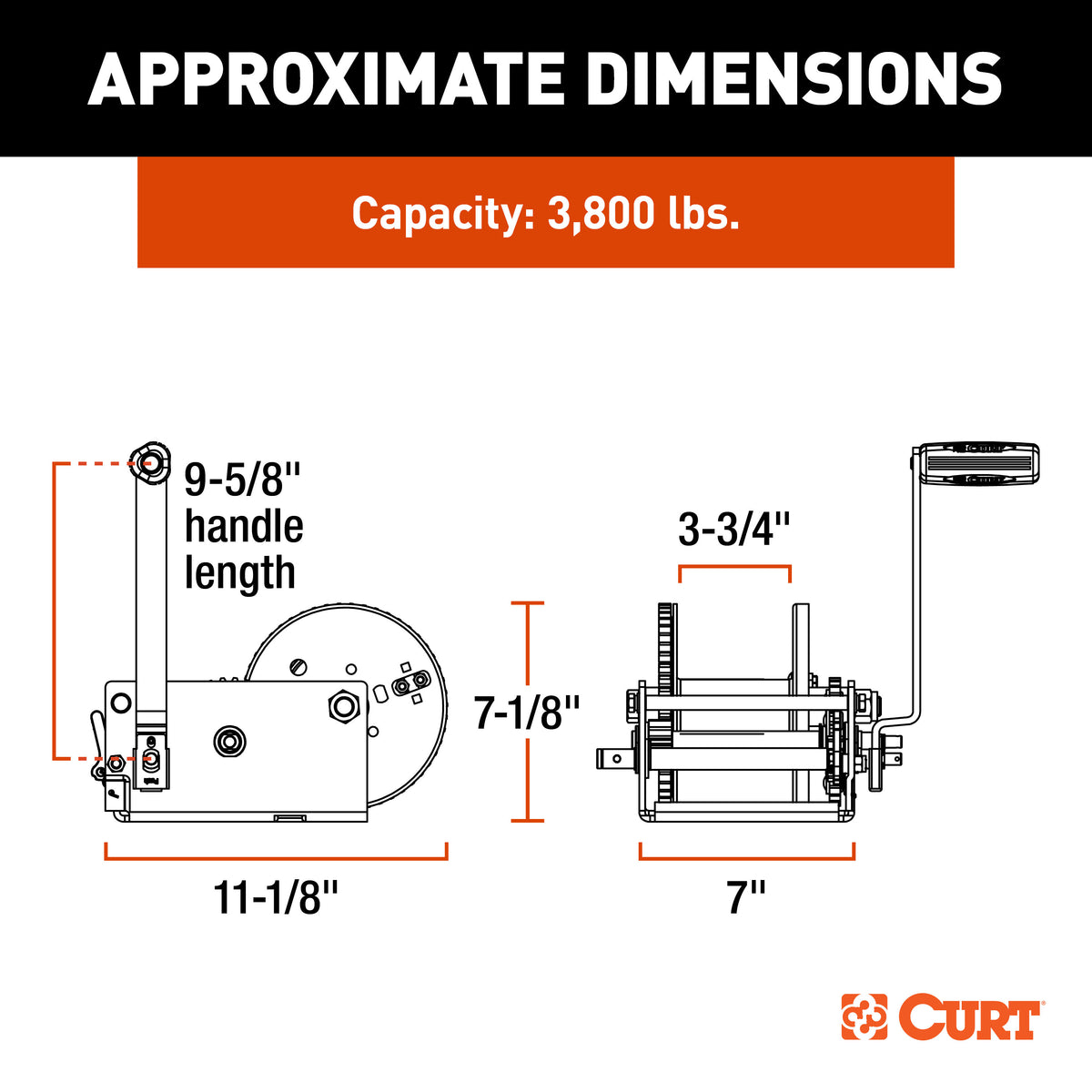 CURT 29538 Hand-Crank 2-Speed Winch, 3,800 lbs, 5.1:1 High, 15.8:1 Low Gear Ratio, 9.6" Handle