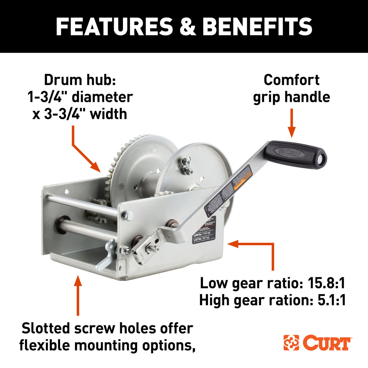 CURT 29538 Hand-Crank 2-Speed Winch, 3,800 lbs, 5.1:1 High, 15.8:1 Low Gear Ratio, 9.6" Handle