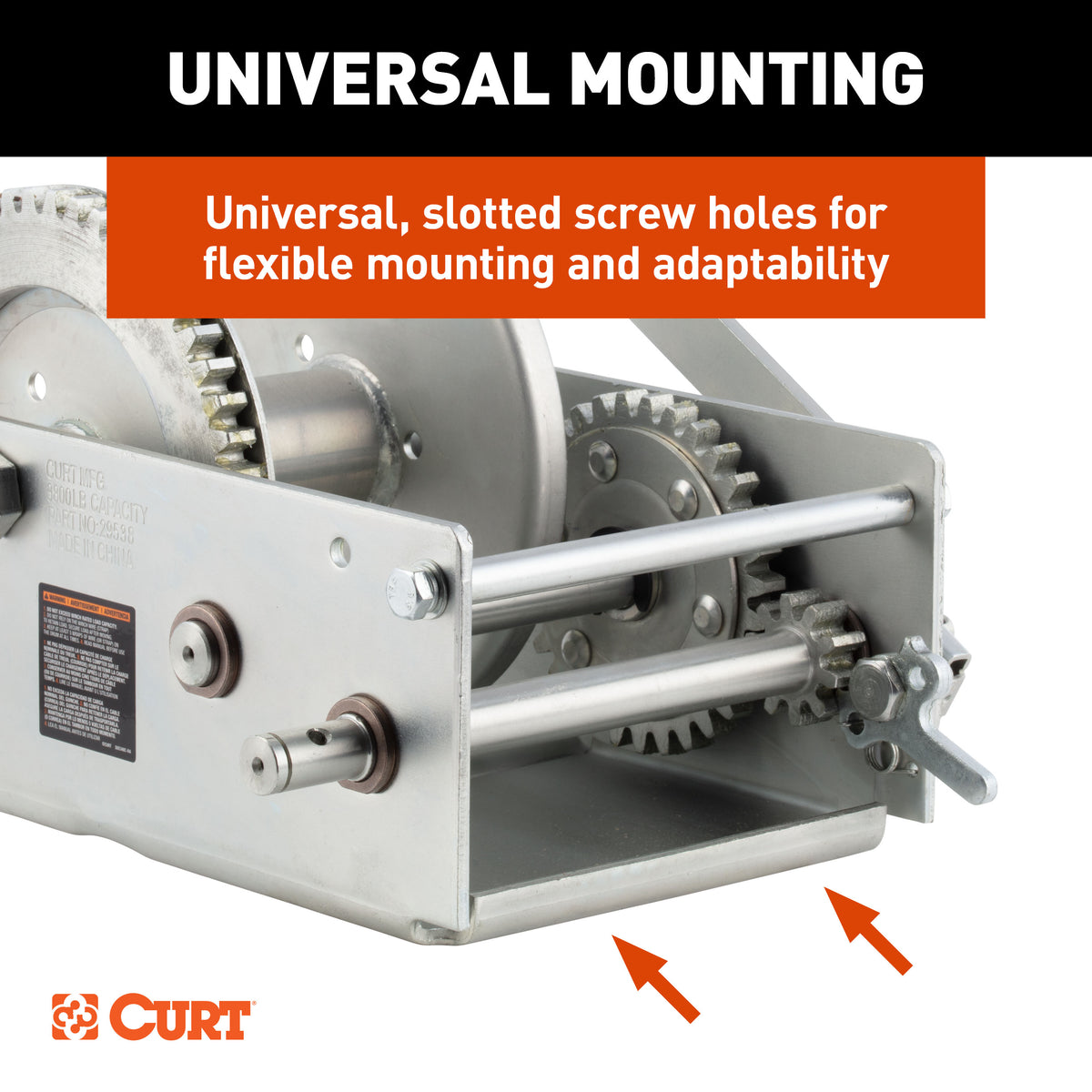 CURT 29538 Hand-Crank 2-Speed Winch, 3,800 lbs, 5.1:1 High, 15.8:1 Low Gear Ratio, 9.6" Handle