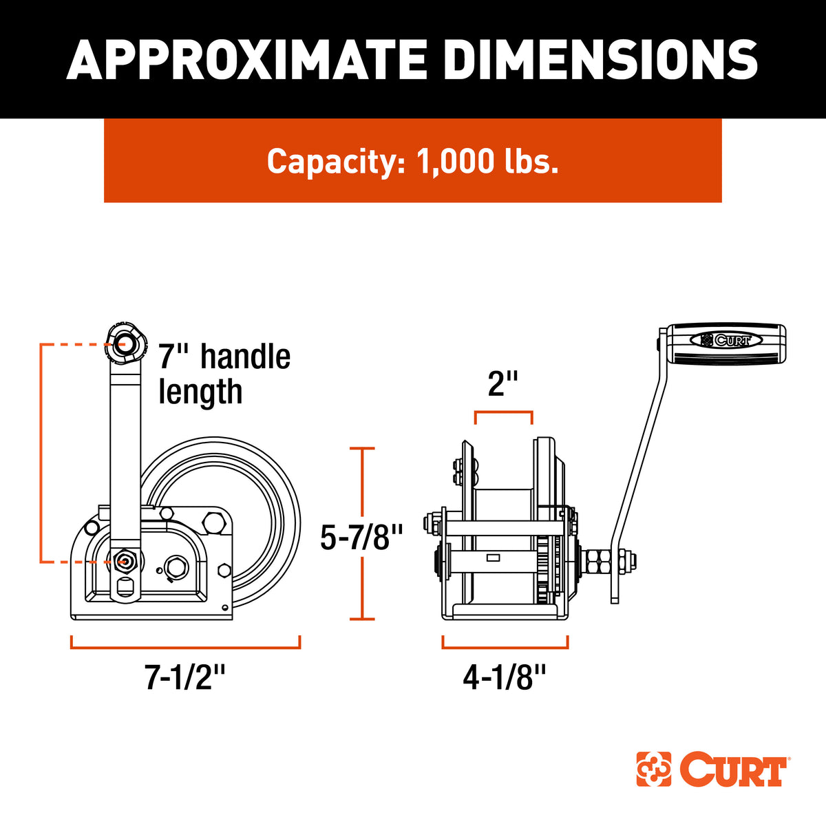 CURT 29610 Hand-Crank Brake Winch, 1,000 lbs, 4.2:1 Gear Ratio, 7" Handle