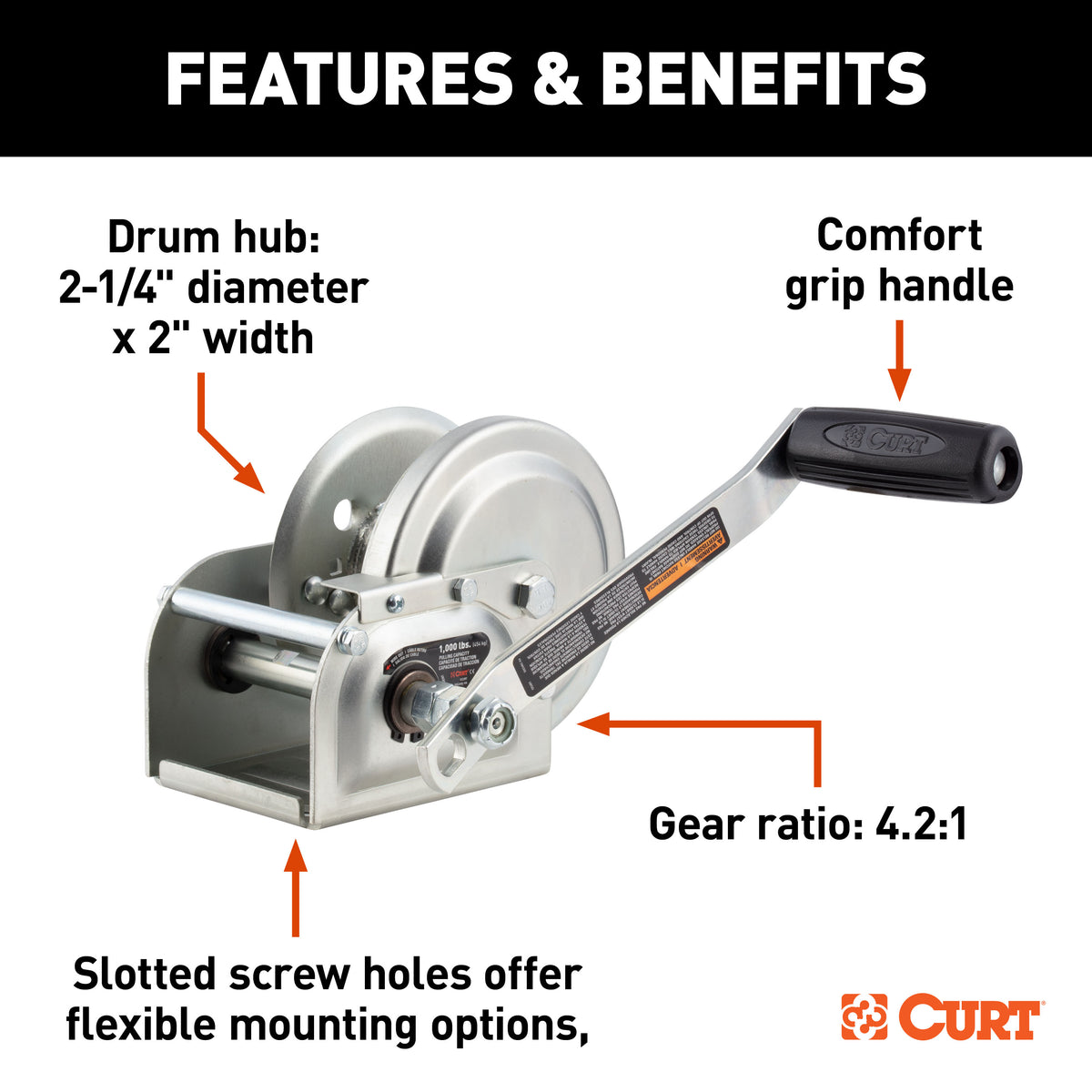 CURT 29610 Hand-Crank Brake Winch, 1,000 lbs, 4.2:1 Gear Ratio, 7" Handle