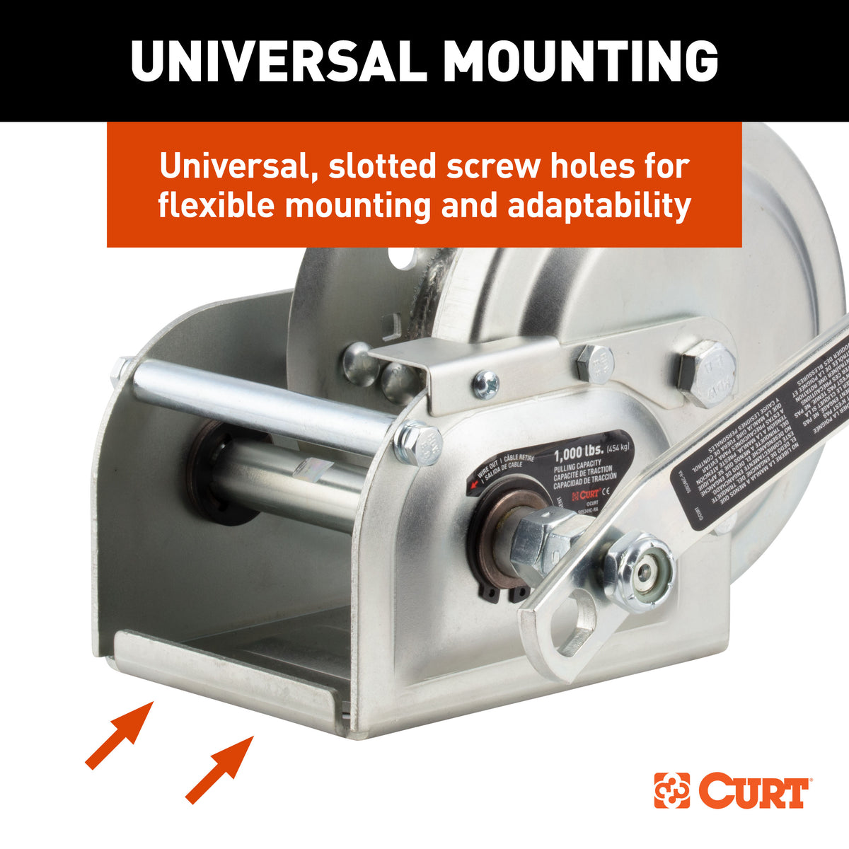 CURT 29610 Hand-Crank Brake Winch, 1,000 lbs, 4.2:1 Gear Ratio, 7" Handle