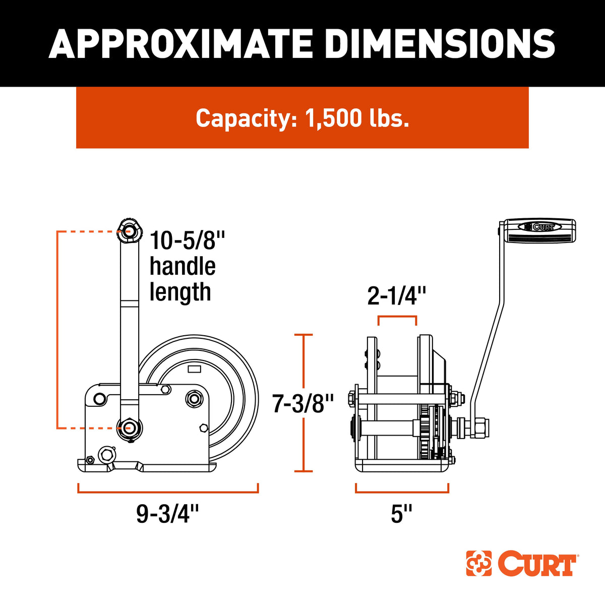 CURT 29615 Hand-Crank Brake Winch, 1,500 lbs, 5:1 Gear Ratio, 10.6" Handle