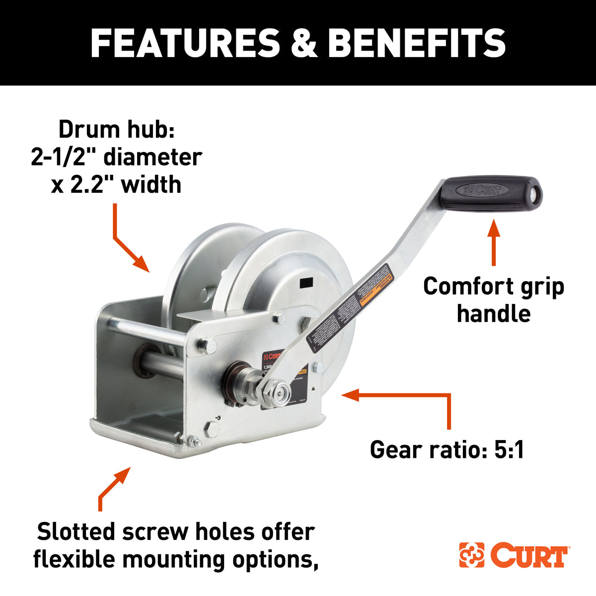 CURT 29615 Hand-Crank Brake Winch, 1,500 lbs, 5:1 Gear Ratio, 10.6" Handle