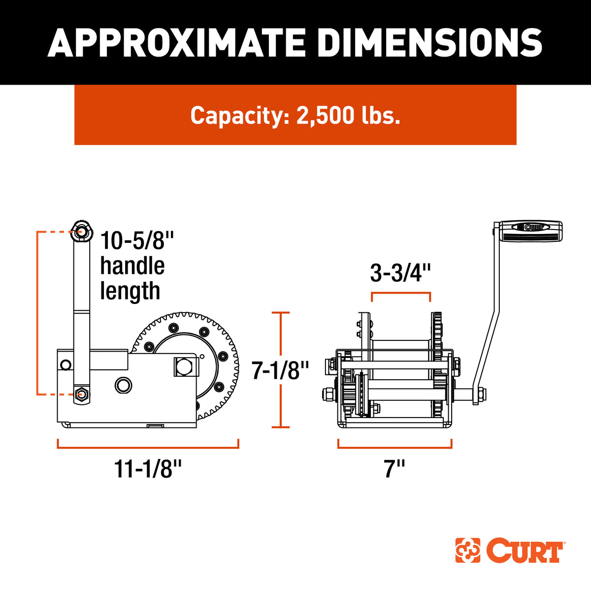 CURT 29625 Hand-Crank Brake Winch, 2,500 lbs, 15.8:1 Gear Ratio, 10.6" Handle