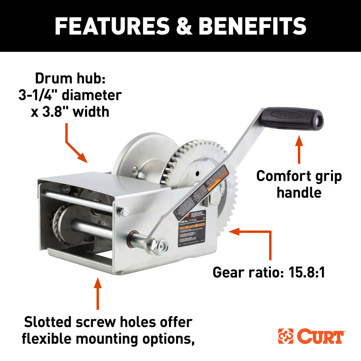 CURT 29625 Hand-Crank Brake Winch, 2,500 lbs, 15.8:1 Gear Ratio, 10.6" Handle