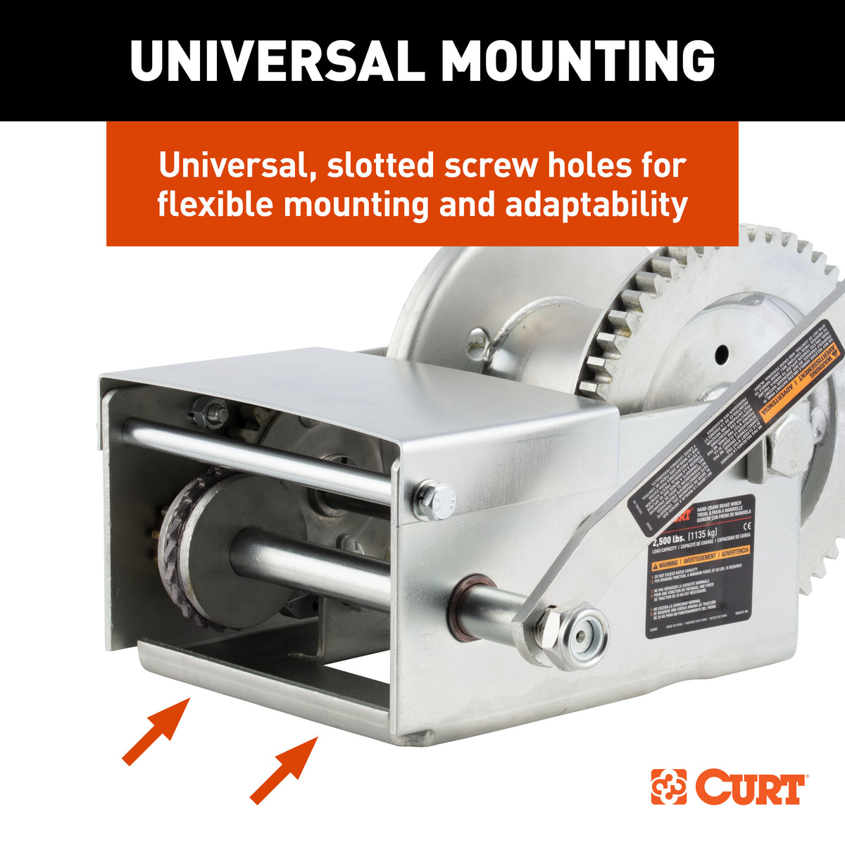 CURT 29625 Hand-Crank Brake Winch, 2,500 lbs, 15.8:1 Gear Ratio, 10.6" Handle