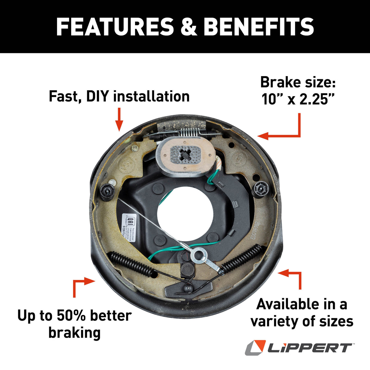 Lippert 296649 Forward Self-Adjusting Trailer Brake Assembly, 10" 2-1/4" x 5", 4 Bolt, 3,500-lb. Axles, Left-Side (Driver)