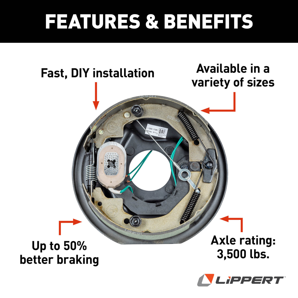 Lippert 296650 Forward Self-Adjusting Trailer Brake Assembly, 10" 2-1/4", 4 Bolt, 3,500-lb. Axles, Right-Side (Passenger)