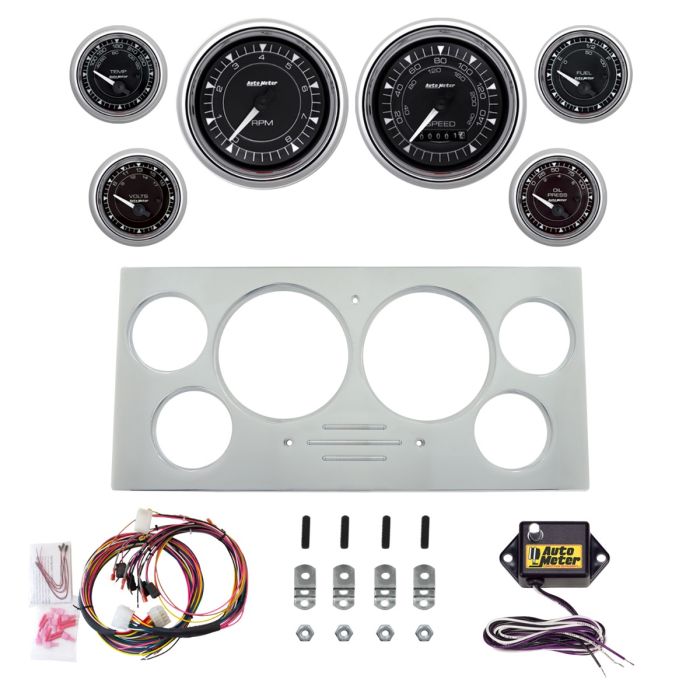 AutoMeter Chrono Chrome 73-79 Ford Truck Billet Panel/Gauge Kit Super - 3-3/8in. (2) & 2-1/16in. (4) - 2967-15