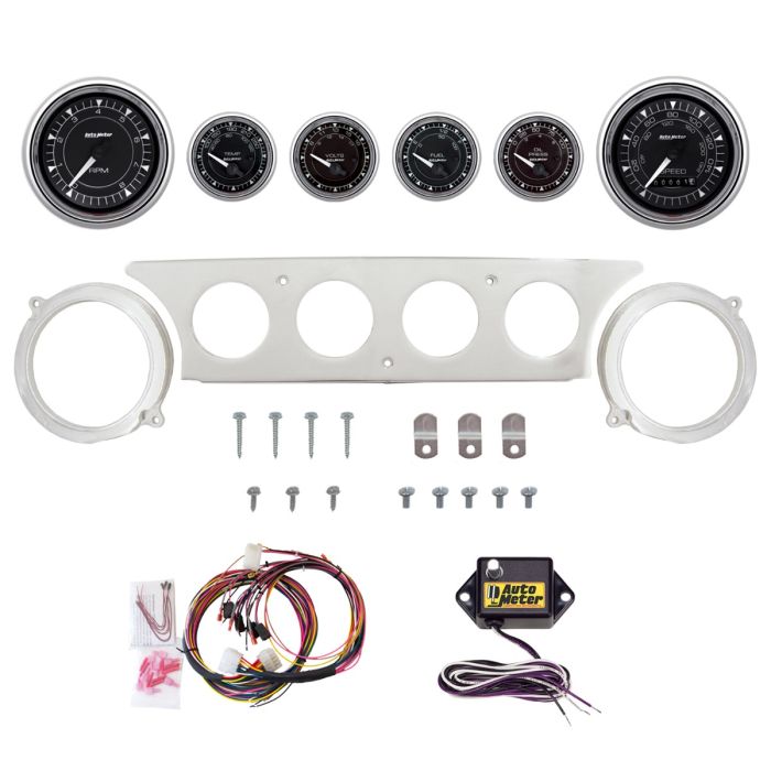 AutoMeter Chrono Chrome 63-64 Ford Galaxie Billet Panel/Gauge Kit - 3-3/8in. (x2) & 2-1/16in. (x4) - 2970-15