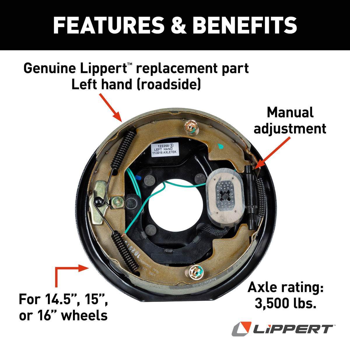 Lippert 297956 Electric Trailer Brake Assembly, 10" x 2-1/4" Brake Size, 4 Bolt, 3,500-lb. Axles, Left-Side (Driver)