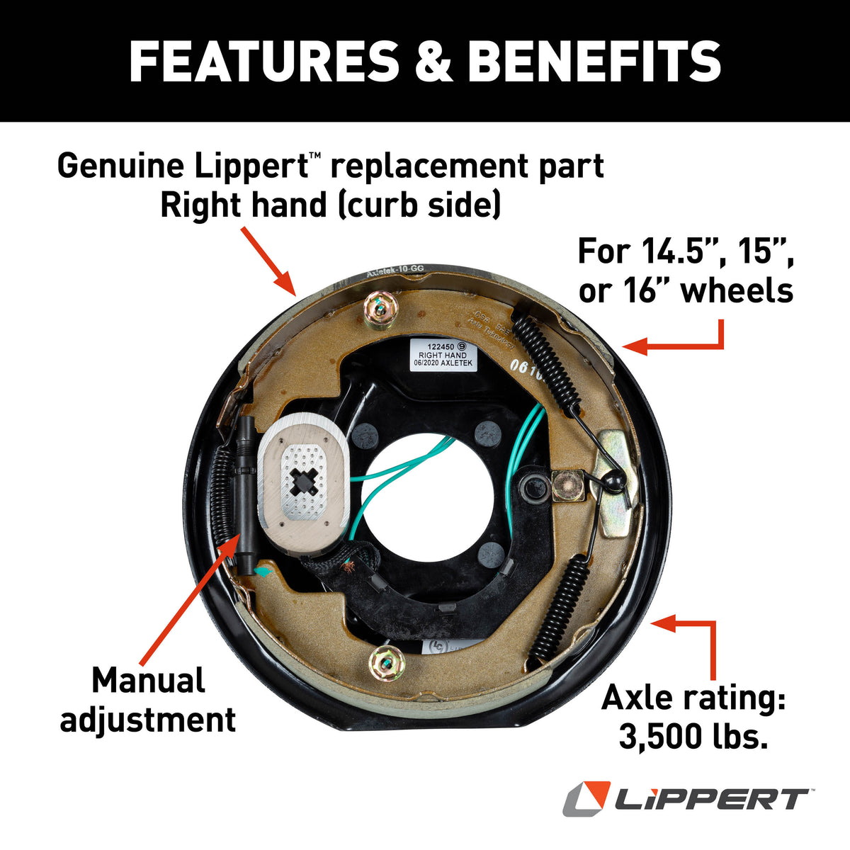 Lippert 298274 Electric Trailer Brake Assembly, 10" x 2-1/4" Brake Size, 4 Bolt, 3,500-lb. Axles, Right-Side (Passenger)
