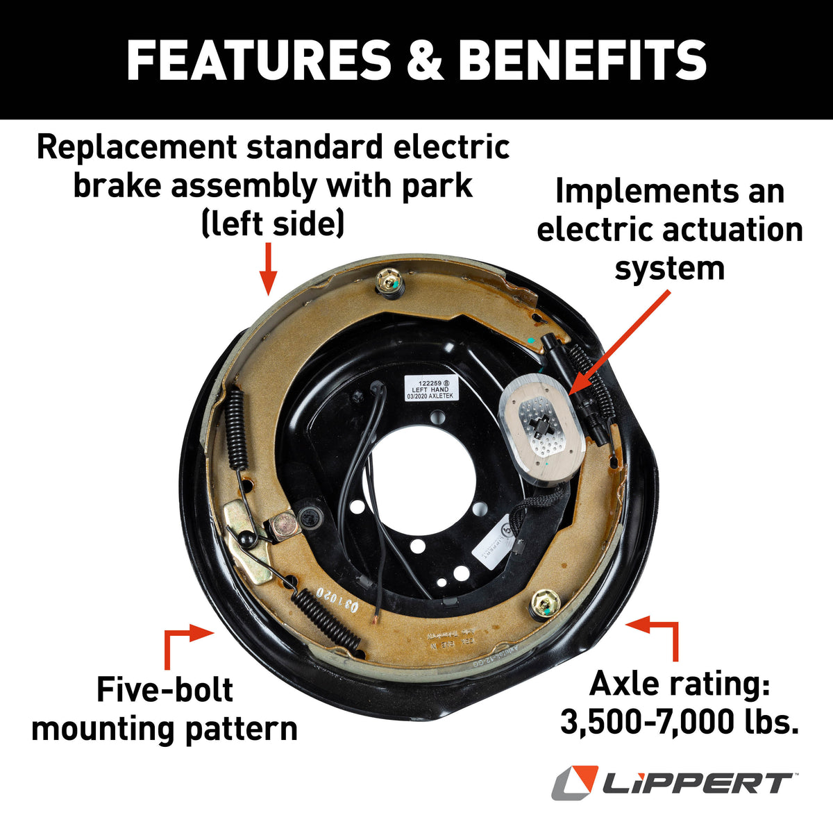 Lippert 298275 Electric Trailer Brake Assembly, 12" x 2" Brake Size, 5 Bolt, 5,200-8,000-lb. Hybrid Axles, Left-Side (Driver)