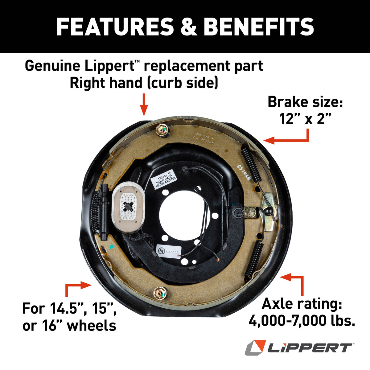 Lippert 298276 Electric Trailer Brake Assembly, 12" x 2" Brake Size, 5 Bolt, 5,200-8,000-lb. Hybrid Axles, Right-Side (Passenger)